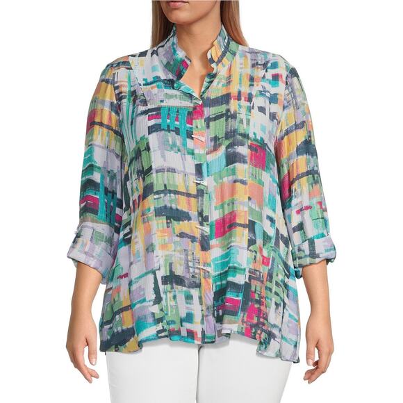 Ali Miles Women’s Plus 1X Multicolor Abstract Crinkle Button‑Front Blouse - Picture 1 of 9